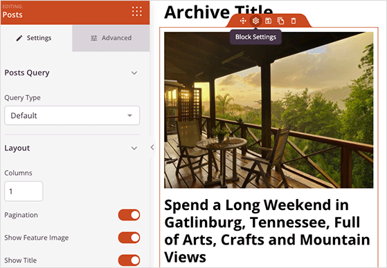 Posts block settings
