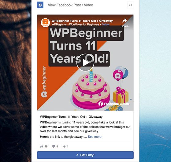 Facebook post embed in rafflepress giveaway widget.