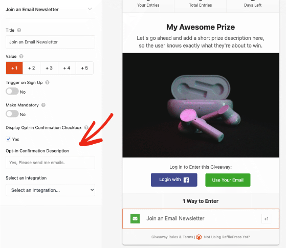 Email opt-in confirmation checkbox rafflepress