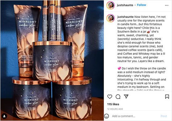 User-generated content promoting candles on Instagram