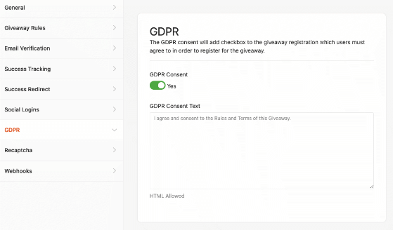 RafflePress GDPR consent on registering