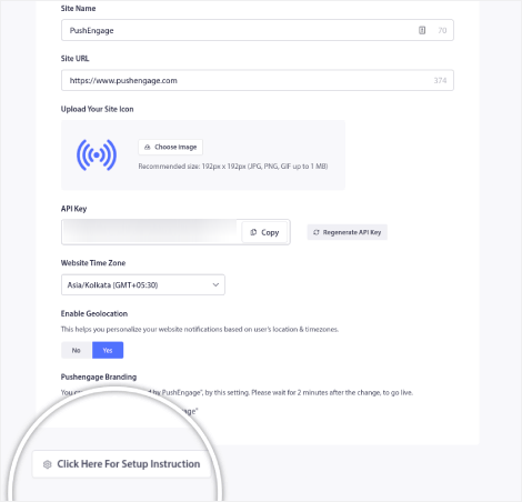 PushEnagage installation settings