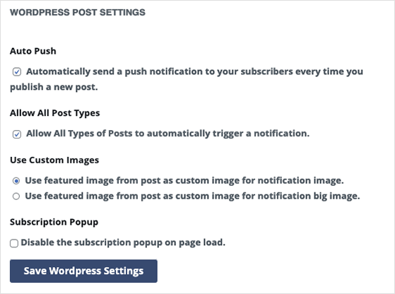 PushEngage WordPress post settings