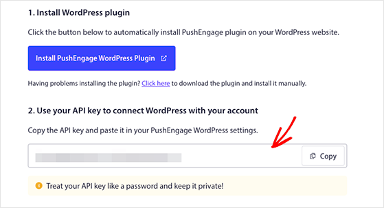 Copy the PushEngage API key