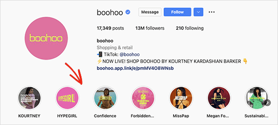 Instagram story highlights example BooHoo