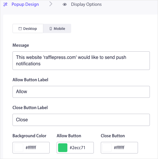 PushEngage popup modal customization options