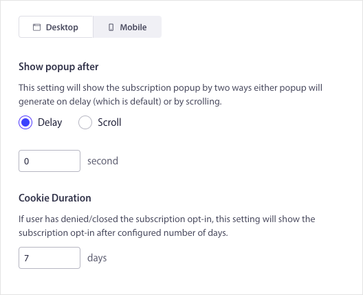 PushEngage popup modal display options
