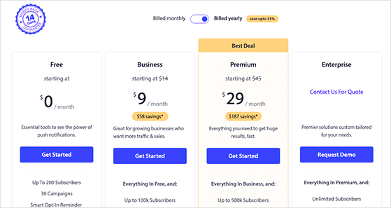 PushEngage pricing page