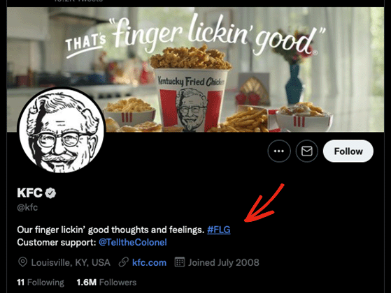 KFC Twitter profile with branded hashtag