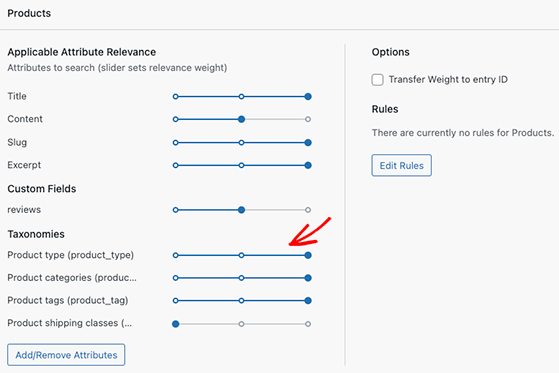 SearchWP product attributes settings for WooCommerce