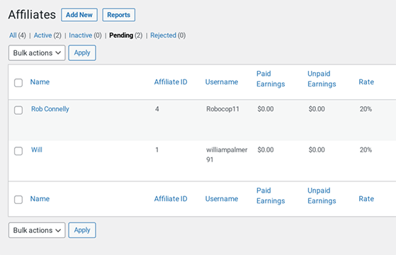 Accept or reject new affiliate applications