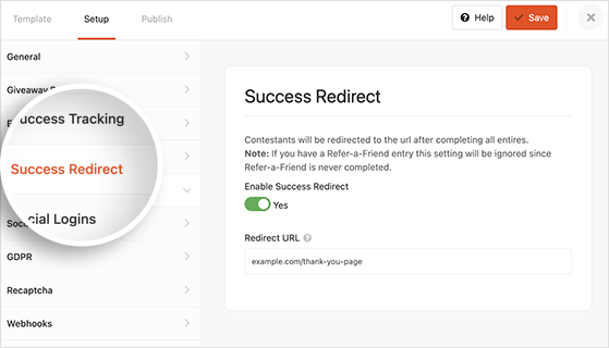 RafflePress success redirect to thank you page