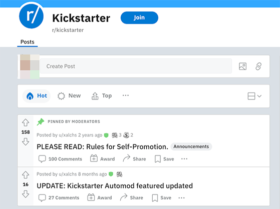 Reddit kickstarter community