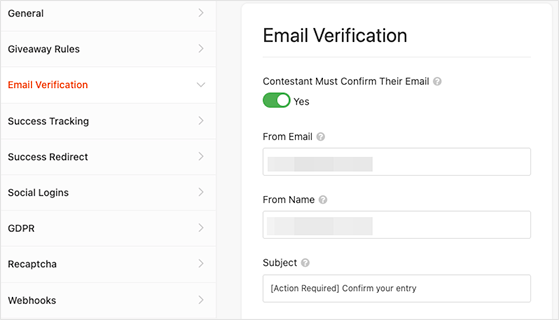 RafflePress giveaway email verification settings