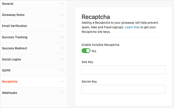 RafflePress recaptcha and invisible recaptcha to stop spam form submissions