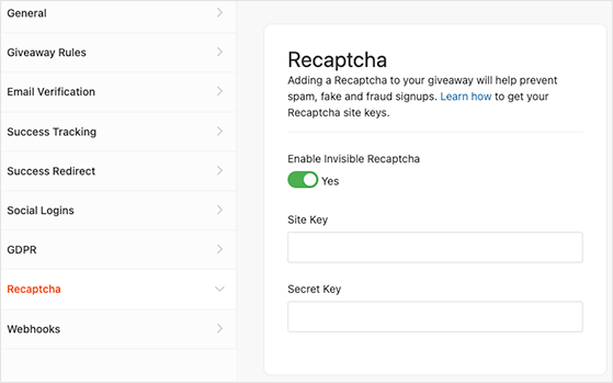 RafflePress recaptcha settings