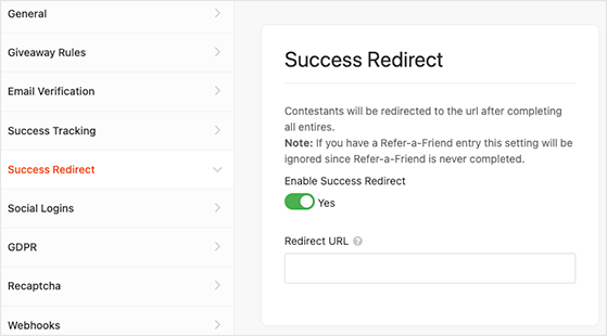 RafflePress giveaway success redirect settings