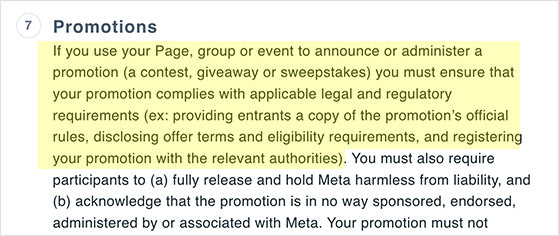 Facebook giveaway rules for communicating a promotion