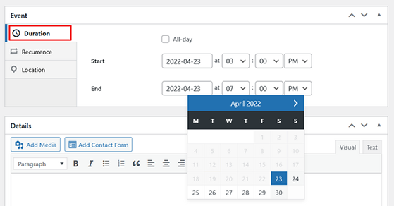 Sugar calendar duration settings