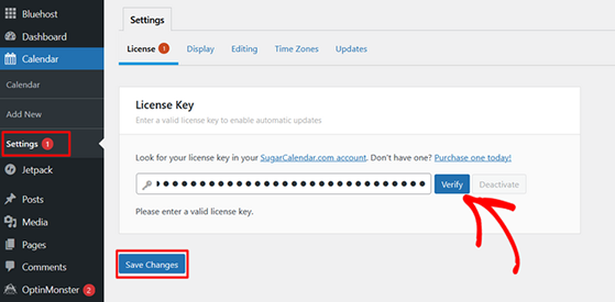 Enter your Sugar Calendar license key