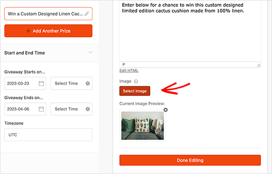 Upload a prize image for your giveaway on Etsy
