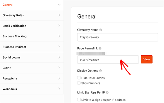 giveaway landing page permalink