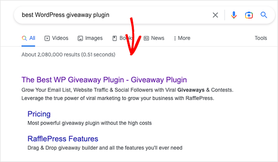 Example of using keywords to appear higher in search results