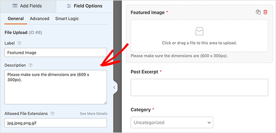 Featured image field settings