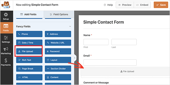 file upload form field wpforms