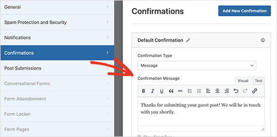 Form confirmation message settings