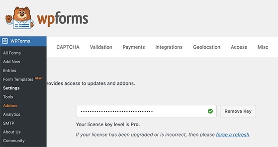 WPForms license key