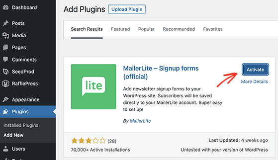 Activate MailerLite WordPress plugin