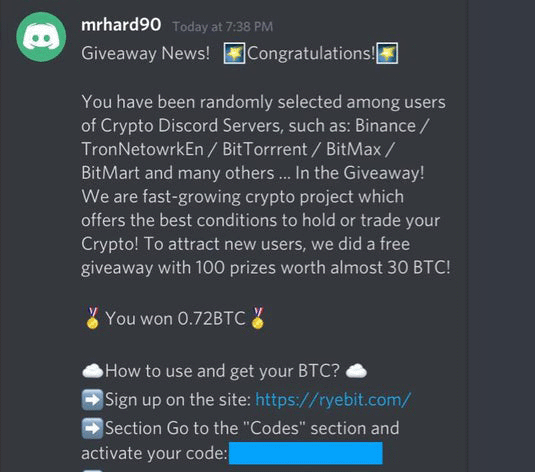 Discord giveaway bots cryptocurrency scam