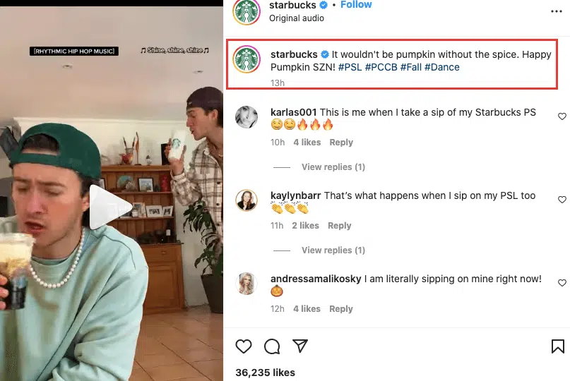 Starbucks branded hashtag to get more views on Instagram reels