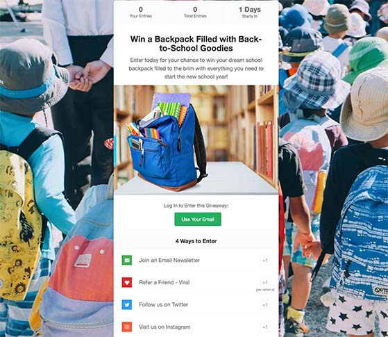 Back-to-school giveaway landing page example in RafflePress