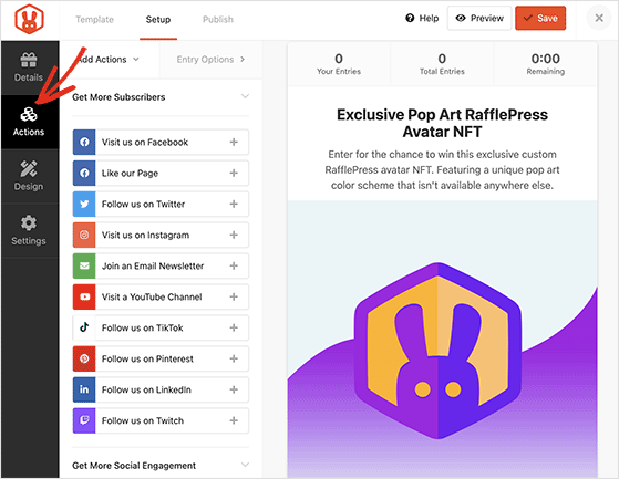 RafflePress giveaway actions