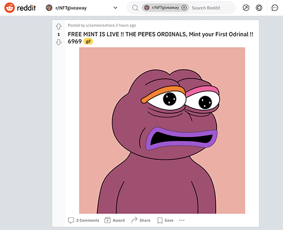 Reddit free NFT giveaway example