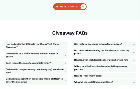 Thrive giveaway page faqs
