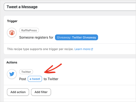 Use Uncanny Automator's RafflePress integration to Tweet a message after entering a giveaway