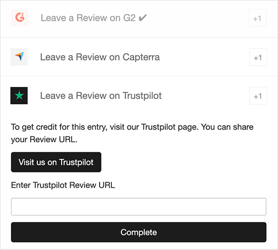 Leve a review on Trustpilot giveaway action frontend
