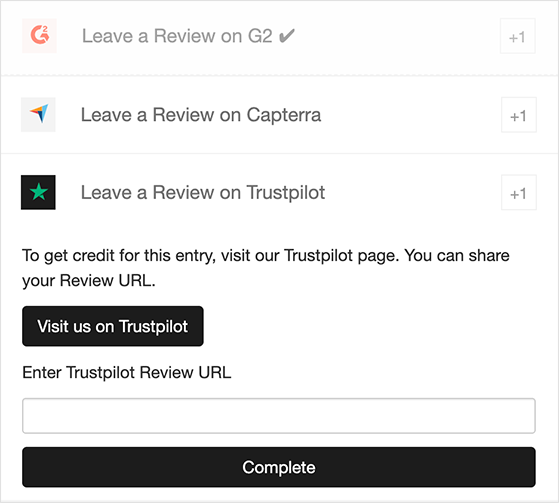 Leave a review on Trustpilot action RafflePress