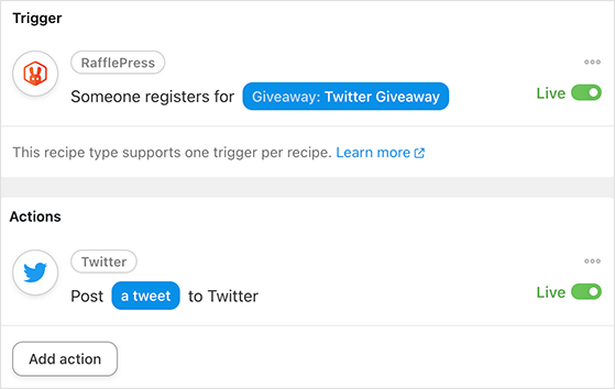A screenshot of RafflePress giveaway trigger and action to post a tweet via Uncanny Automator