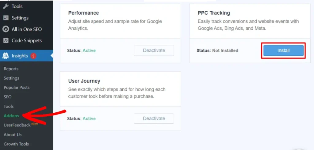 Install the MonsterInsights PPC Tracking addon