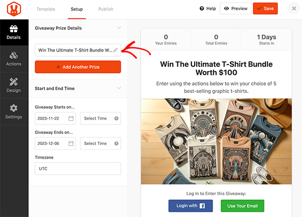 Enter the prize details for your Shopify giveaway