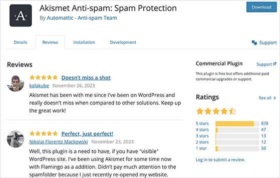 Akismet anti-spam plugin reviews on WordPress.org