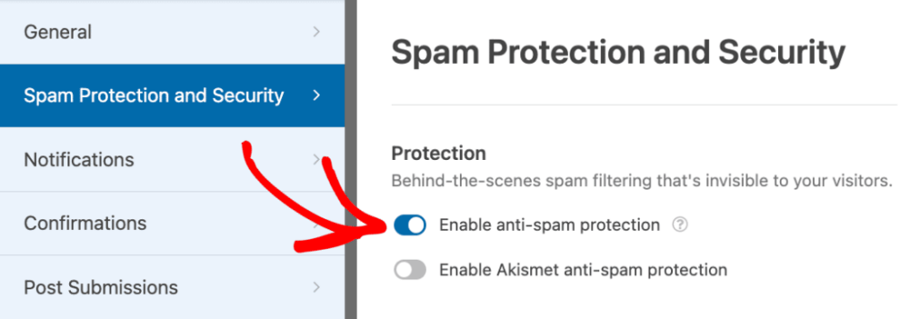 Enable spam protection in WPForms to stop spam form submissions