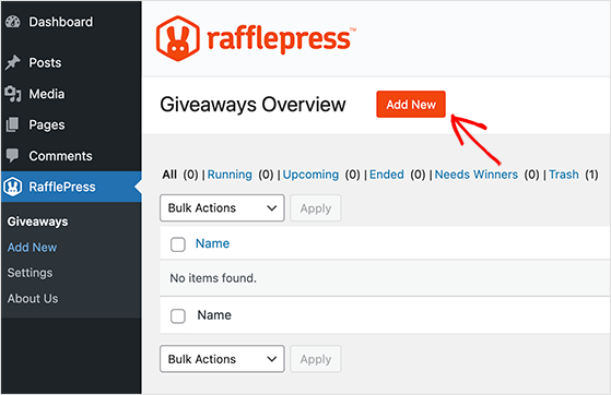 Add a new RafflePress giveaway in WordPress