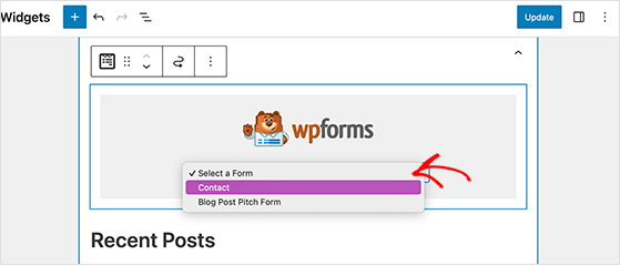 Choose your contact form from the WPForm widget dropdown menu