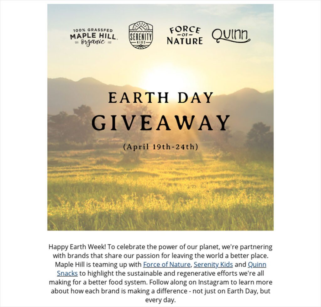 Earth Day giveaway email example