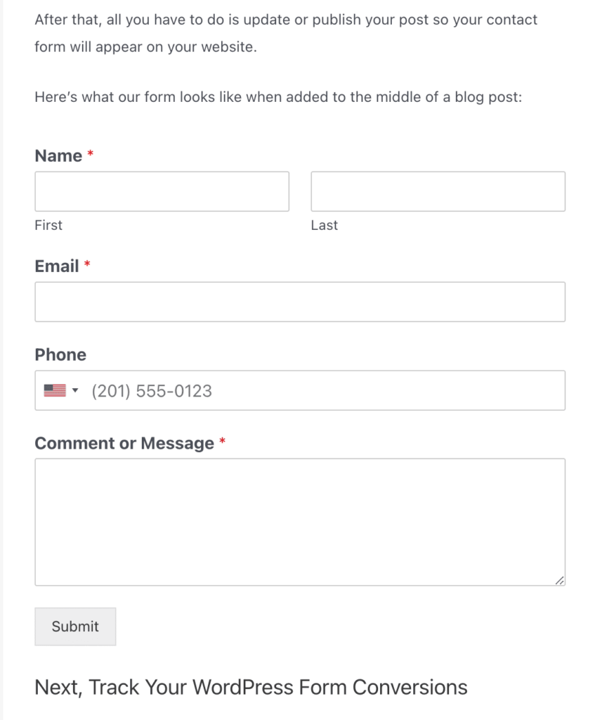 Contact form inside a blog post.